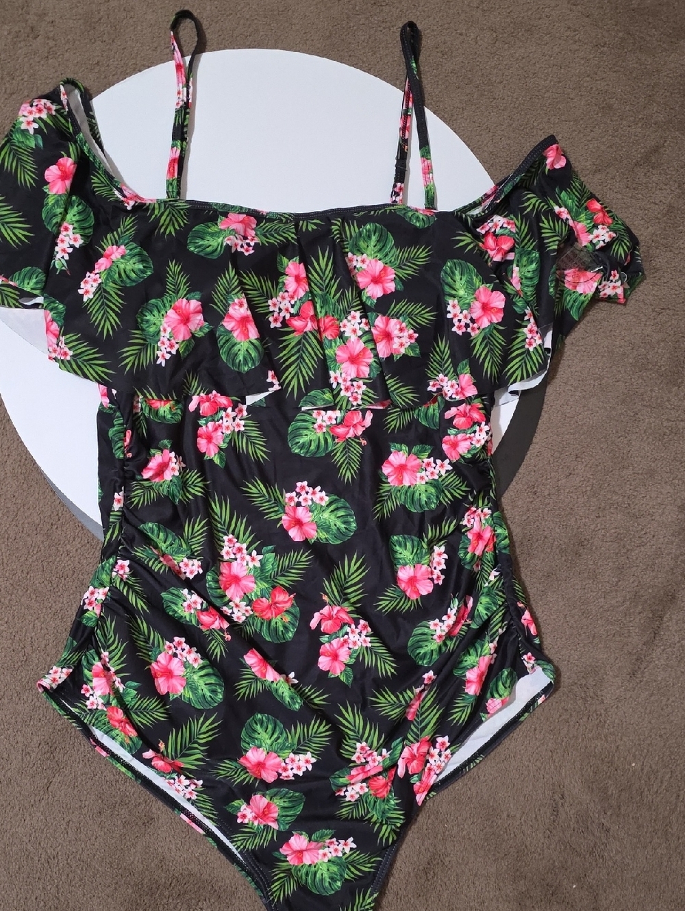 Floral Off-Shoulder One-Piece Swimsuit - Black with Pink Floral